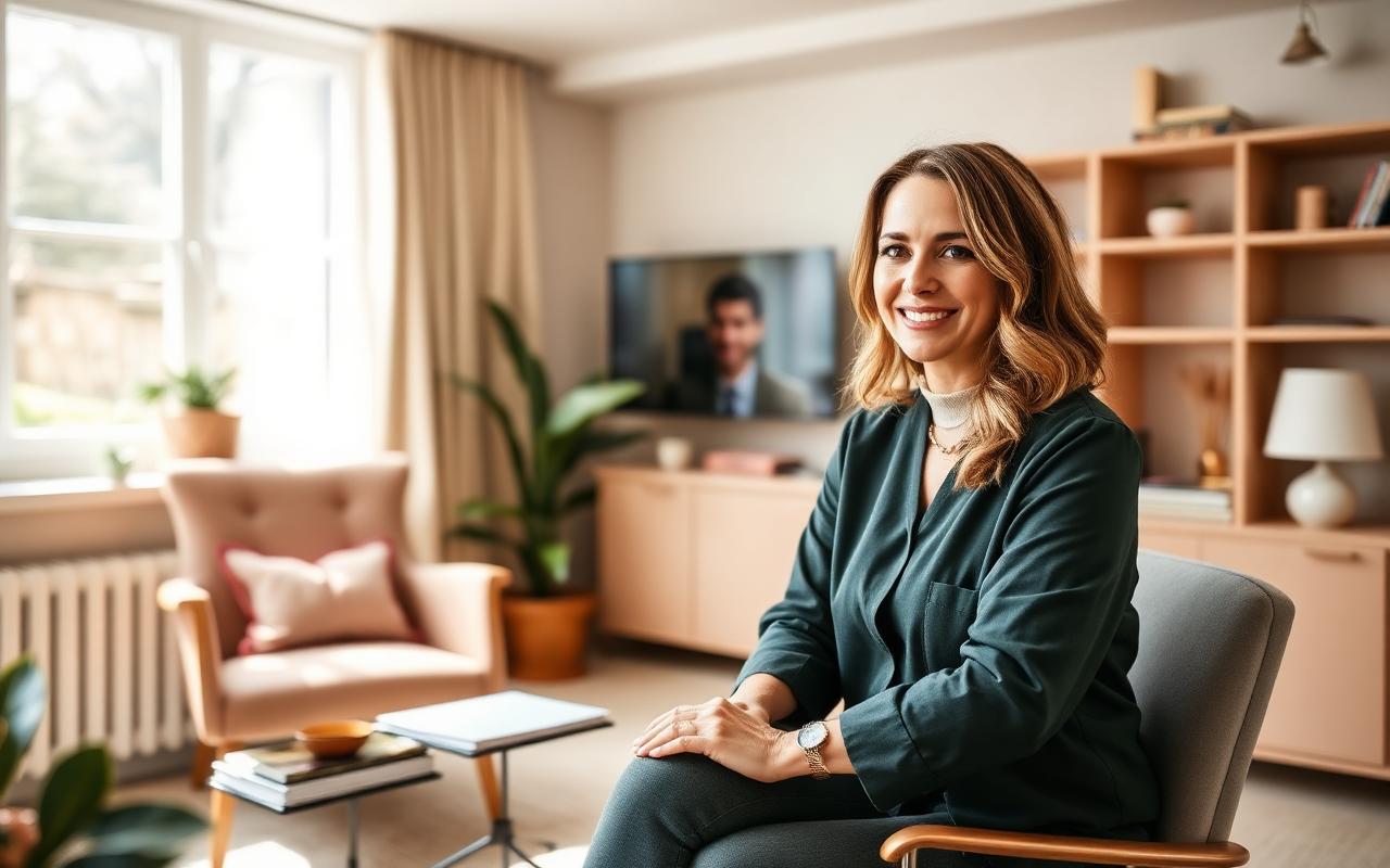 Coach smiling during a video discovery call in a warm home office